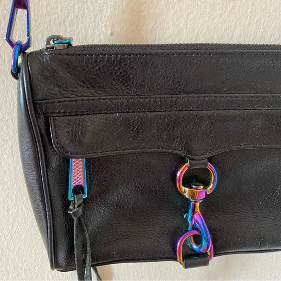Rebecca Minkoff Black Leather Bag with Rainbow Oil Slick Hardware - Picture 5 of 14
